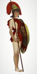 Rule 34 | 1girl, absurdres, ancient greek clothes, bare shoulders, barefoot, black eyes, black hair, breasts, freckles, full body, greco-roman clothes, helmet, highres, holding, holding polearm, holding shield, holding weapon, hoplite, looking down, mole, mole on breast, mossacannibalis, no bra, no panties, original, parted lips, plume, polearm, ponytail, sanpaku, shield, short hair, sideboob, sidelocks, simple background, solo, spear, standing, toenails, toes, toga, weapon, white background