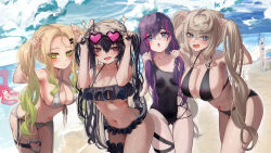 Rule 34 | ahoge, beach, bikini, black hair, blonde hair, blue eyes, blush, breasts, chestnut mouth, cleavage, collarbone, criss-cross halter, cross-laced clothes, fang, frilled bikini, frills, gradient hair, green eyes, green hair, hair between eyes, hair ornament, hair ribbon, hairclip, halterneck, heart, heart-shaped eyewear, highres, huge breasts, iruka blue (torriet), large breasts, long hair, looking at viewer, medium breasts, midriff, mole, mole on breast, multicolored hair, multiple girls, navel, one-piece swimsuit, open mouth, original, outdoors, pink hair, priite hari (torriet), purple eyes, purple ribbon, resolution mismatch, ribbon, small breasts, source smaller, standing, swimsuit, torriet, twintails, very long hair