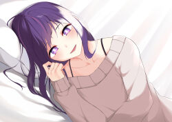 Rule 34 | 1girl, absurdres, bed sheet, blush, collarbone, commentary, dutch angle, grey sweater, twirling hair, highres, hoshino ai (oshi no ko), long hair, looking at viewer, lying, nemu (zzz nm0508), on side, oshi no ko, parted lips, pillow, purple eyes, purple hair, sidelocks, smile, solo, star-shaped pupils, star (symbol), sweater, symbol-shaped pupils, upper body