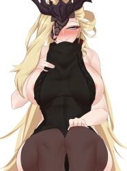 Rule 34 | 1girl, alternate costume, areola slip, bare shoulders, black mask, black thighhighs, blonde hair, blue eyes, blush, breasts, eye mask, genshin impact, half mask, highres, lace-trimmed eyepatch, large breasts, long hair, looking at viewer, mask, mask on head, mask over one eye, mature female, meme attire, one eye covered, sideboob, signora (genshin impact), smile, solo, stukov, thighhighs, thighs, virgin killer sweater