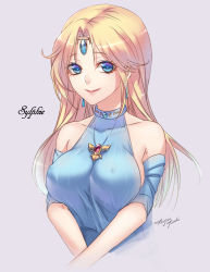 Rule 34 | 1girl, bare shoulders, blonde hair, blue eyes, breasts, capcom, circlet, covered erect nipples, earrings, halterneck, jewelry, large breasts, long hair, looking at viewer, lost worlds (game), smile, solo, sylphie, tenjou tsuki, upper body, v arms