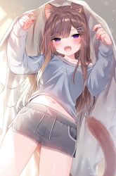 Rule 34 | 1girl, :d, animal ear fluff, animal ears, blush, breasts, brown hair, cat ears, cat girl, cat tail, collarbone, commentary request, drawstring, fangs, grey shirt, grey shorts, hair ornament, hairclip, hands up, highres, leo (mafuyu), long hair, looking at viewer, mafuyu (chibi21), multicolored hair, nail polish, off shoulder, open mouth, original, purple eyes, purple hair, purple nails, shirt, short shorts, shorts, small breasts, smile, solo, standing, streaked hair, tail, very long hair