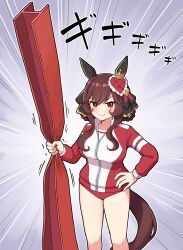Rule 34 | 1girl, animal ears, brown hair, ear covers, gentildonna (umamusume), hand on own hip, heart ear ornament, highres, holding, horse ears, horse girl, horse tail, jacket, long sleeves, looking at viewer, puffy long sleeves, puffy sleeves, red eyes, red jacket, solo, tail, takiki, tracen training uniform, umamusume