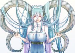 Rule 34 | 1girl, blue hair, blue nails, breasts, chi wa, crossed bangs, curled horns, dragon girl, fate/grand order, fate (series), hair between eyes, highres, horns, large breasts, larva tiamat (fate), larva tiamat (third ascension) (fate), long hair, long horns, looking at viewer, nail polish, pink eyes, pointy ears, short eyebrows, simple background, smile, solo, symbol-shaped pupils, tiamat (fate), upper body, very long hair, white background, x x