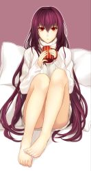 Rule 34 | 1girl, artist request, bare legs, barefoot, cup, fate/grand order, fate (series), feet, long hair, millefoglie, mug, pillow, purple hair, red eyes, ribbed sweater, scathach (fate), solo, sweater, very long hair