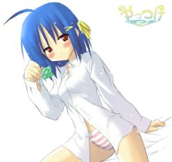 Rule 34 | 1girl, ahoge, blue hair, blush, condom, dress shirt, holding, holding condom, panties, red eyes, red panties, shirt, short hair, sitting, solo, striped clothes, striped panties, third-party edit, underwear