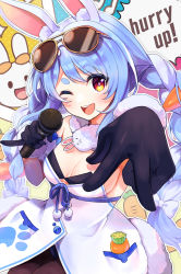 Rule 34 | 1girl, absurdres, black gloves, blue hair, glasses on head, gloves, highres, hololive, looking at viewer, microphone, one eye closed, pinky out, rabbit ears, shinomiya shino (sinosino141), solo, twintails, usada pekora, virtual youtuber