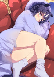 Rule 34 | 1girl, absurdres, alternate costume, alternate hairstyle, ass, blue eyes, blue hair, blush, breasts, butter curry, closed mouth, commentary request, couch, hair between eyes, highres, horse girl, indoors, large breasts, long sleeves, looking at viewer, lying, multicolored hair, on couch, on side, pajamas, pillow, purple pajamas, short hair, sleepwear, smile, socks, solo, streaked hair, thighs, umamusume, verxina (umamusume), white hair