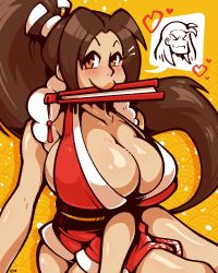 Rule 34 | 1boy, 1girl, andy bogard, breasts, brown hair, cleavage, fatal fury, hand fan, heart, highres, large breasts, legendofnerd, long hair, ninja, pelvic curtain, ponytail, shiranui mai, sleeveless, the king of fighters
