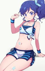 Rule 34 | 1girl, aikatsu!, aikatsu! (series), arm support, bare arms, bare shoulders, blue eyes, blue hair, blue nails, blue shorts, breasts, collarbone, crop top, earrings, groin, hair ornament, hand up, highres, jewelry, kiriya aoi, long hair, looking at viewer, midriff, nail polish, navel, necklace, shadow, short shorts, shorts, side ponytail, sidelocks, simple background, sitting, small breasts, smile, solo, star tattoo, stomach, striped, tattoo, thighs, v, wavy hair, white background, wristband, yamamura saki