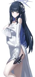 Rule 34 | 1girl, black hair, blue archive, blue eyes, blue hair, blue halo, blush, closed mouth, colored inner hair, dress, earrings, elbow gloves, gloves, halo, highres, jewelry, ku!? (ku k u), long hair, looking at viewer, multicolored hair, official alternate costume, saori (blue archive), saori (dress) (blue archive), simple background, sketch, solo, strapless, strapless dress, white background, white dress, white gloves