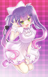 Rule 34 | 1girl, :d, arm up, blush, chocomarybadend, demon tail, dress, fang, gradient hair, hair ornament, hairclip, hololive, looking at viewer, multicolored hair, open mouth, pink dress, pink hair, puffy short sleeves, puffy sleeves, purple hair, short dress, short sleeves, sidelocks, skin fang, smile, solo, streaked hair, tail, tokoyami towa, twintails, virtual youtuber, waving, wrist cuffs