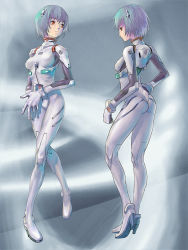 Rule 34 | 1girl, ayanami rei, blue hair, bodysuit, curvy, full body, high heels, interface headset, neon genesis evangelion, plugsuit, red eyes, shiny clothes, shoes, short hair, wide hips