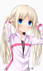 Rule 34 | 1girl, alternate hairstyle, blue eyes, blush, bright pupils, closed mouth, commentary request, eyes visible through hair, flat chest, hands up, happy, highres, holding, holding own hair, jacket, kudpoid (71139), light brown hair, little busters!, long hair, looking at viewer, noumi kudryavka, parted bangs, partially unzipped, purple jacket, signature, simple background, smile, solo, split mouth, straight hair, tareme, track jacket, twintails, upper body, very long hair, white background, zipper