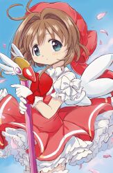 Rule 34 | 1girl, absurdres, aoki ume (style), blue eyes, blue sky, blush, brown hair, cardcaptor sakura, commentary request, dress, expressionless, fuuin no tsue, gloves, hat, highres, hitode, holding, holding wand, kinomoto sakura, looking at viewer, magical girl, petals, sky, solo, wand, white gloves