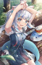 Rule 34 | 1girl, absurdres, alternate costume, animal ears, arms up, bag, bloop (gawr gura), blue eyes, blue hair, blunt bangs, can, casual, cat ears, drink can, fins, fish tail, gawr gura, gawr gura (casual), harukix, highres, hololive, hololive english, holomyth, looking at viewer, medium hair, multicolored hair, park, shark, shark girl, shark tail, sharp teeth, shoulder bag, side ponytail, soda can, solo, streaked hair, stuffed toy, tail, teeth, virtual youtuber, white hair