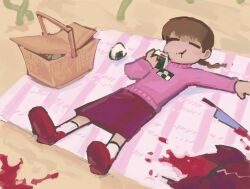 Rule 34 | 2girls, basket, beach, blanket, blood, blood splatter, bloody knife, bloody weapon, brown hair, chewing, closed eyes, closed mouth, commentary, death, eating, english commentary, food, from above, hand up, knife, long skirt, long sleeves, louyse cosa, lying, madotsuki, medium hair, multiple girls, onigiri, picnic, picnic basket, pink sweater, red footwear, red hair, red skirt, sand, shoes, short bangs, skirt, socks, sprawled, sweater, toriningen, twintails, weapon, white socks, yume nikki