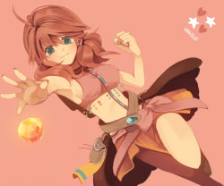 Rule 34 | 10s, 1girl, ahoge, armpits, bare shoulders, beads, belt, bow, breasts, clenched hand, crop top, earrings, final fantasy, final fantasy xiii, gem, green eyes, heart, hiyo kiki, jewelry, midriff, nail polish, oerba dia vanille, outstretched arm, outstretched hand, pouch, reaching, red hair, red nails, shirt, short hair, short twintails, skirt, sleeveless, solo, star (symbol), taut clothes, taut shirt, twintails