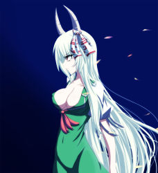 Rule 34 | 1girl, asa inu, bad id, bad pixiv id, breasts, ex-keine, female focus, groin, horns, kamishirasawa keine, large breasts, md5 mismatch, navel, open clothes, open shirt, profile, red eyes, shirt, sideboob, solo, touhou, white hair