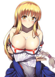 Rule 34 | 1girl, arc the lad, bare shoulders, blonde hair, braid, breasts, cleavage, covered erect nipples, from above, large breasts, lieza (arc the lad), long hair, nagase haruhito, puffy nipples, solo, yellow eyes