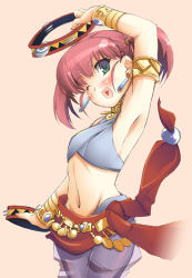 Rule 34 | 1girl, ;d, arm up, armlet, armpits, atlus, bard, bard (sekaiju), belt, blush, bracer, choker, earrings, etrian odyssey, green eyes, heart, heart in mouth, instrument, jewelry, midriff, one eye closed, open mouth, pink hair, see-through, smile, solo, tambourine, twintails