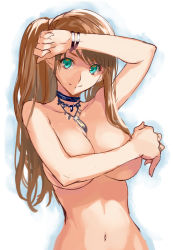 Rule 34 | 1girl, bracelet, breasts, brown hair, cleavage, covering privates, covering breasts, green eyes, jewelry, large breasts, long hair, lots of jewelry, navel, necklace, original, out-of-frame censoring, ran&#039;ou (tamago no kimi), side ponytail, solo