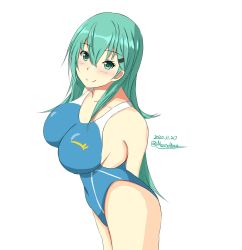 Rule 34 | 1girl, alternate costume, aqua eyes, aqua hair, arms behind back, blue one-piece swimsuit, blush, breasts, cleavage, collarbone, competition swimsuit, cowboy shot, dated, from above, hair between eyes, hair ornament, hairclip, highleg, highleg swimsuit, highres, impossible clothes, impossible swimsuit, kantai collection, large breasts, long hair, looking at viewer, looking up, montemasa, one-hour drawing challenge, one-piece swimsuit, signature, simple background, smile, suzuya (kancolle), swimsuit, white background