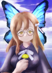 Rule 34 | 1girl, absurdres, artist name, artist request, blue bow, blue dress, blue sky, blue wings, blush, bow, breasts, brown eyes, brown hair, butterfly wings, buttons, close-up, cloud, day, dress, female focus, flower, frilled sleeves, frills, glasses, hair between eyes, hair bow, highres, holding, holding flower, insect wings, kingan, kunikida hanamaru, light brown hair, long hair, long sleeves, looking at viewer, love live!, love live! school idol festival, love live! sunshine!!, mitaiken horizon, mitaiken horizon (love live!), myopia (kingan artlife), outdoors, parted lips, plaid, plaid dress, pleated, pleated dress, ribbon, sky, smile, solo, striped bow, striped ribbon, upper body, white bow, white ribbon, wings, yellow eyes, yellow flower