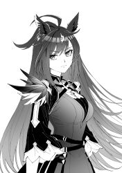 Rule 34 | 1girl, ahoge, animal ears, arms at sides, belt, breasts, closed mouth, dress, duramente (umamusume), feathers, frown, greyscale, highres, horse ears, long hair, long sleeves, looking to the side, medium breasts, monochrome, multiple girls, nayuta ggg, solo, umamusume, upper body, v-shaped eyebrows, very long hair
