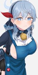Rule 34 | 1girl, absurdres, ako (blue archive), annzuwann, apron, bell, blue archive, blue eyes, blue hair, blush, breasts, closed mouth, collar, cowbell, earrings, garter straps, grey background, hair between eyes, hairband, halo, highres, jewelry, large breasts, long hair, long sleeves, looking at viewer, neck bell, sideboob, simple background, solo