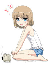 Rule 34 | 10s, 1girl, barefoot, blonde hair, blue eyes, blue shorts, commentary, fang, flipper, from side, frown, full body, fume, girls und panzer, hands on own knees, hot, katyusha (girls und panzer), leaning forward, looking at viewer, mosquito coil, open mouth, shirt, short hair, short shorts, shorts, simple background, sitting, solo, sweat, tank top, wariza, white background, white shirt