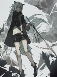 Rule 34 | 1girl, aito, animal ears, arknights, bare legs, black coat, black footwear, black nails, black shorts, boots, closed mouth, coat, fingerless gloves, full body, gloves, grey eyes, grey gloves, high collar, highres, holding, holding sword, holding weapon, lappland (arknights), long hair, material growth, midriff, nail polish, navel, oripathy lesion (arknights), scar, scar across eye, scar on face, short shorts, shorts, smile, solo, standing, strap, sword, tail, weapon, white hair, wolf ears, wolf girl, wolf tail