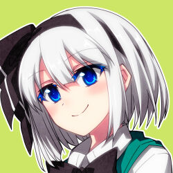 Rule 34 | 1girl, black bow, black bowtie, black hairband, black ribbon, blue eyes, blush, bow, bowtie, close-up, closed mouth, collared shirt, colored eyelashes, commentary request, green background, green vest, hair ribbon, hairband, konpaku youmu, looking at viewer, outline, portrait, ribbon, sazanami mio, shirt, short hair, simple background, smile, solo, split mouth, touhou, vest, white hair, white outline, white shirt, yellow background