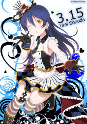 Rule 34 | 10s, 1girl, ;o, bad id, bad pixiv id, black gloves, blowing kiss, blue hair, boots, buttons, cafe maid (love live!), character name, collared dress, commentary request, dated, double-breasted, dress, earrings, garter straps, gloves, hair between eyes, hat, heart, high heel boots, high heels, highres, jewelry, kitahara tomoe (kitahara koubou), long hair, love live!, love live! school idol festival, love live! school idol project, mini hat, mini top hat, musical note, necktie, one eye closed, sleeveless, solo, sonoda umi, standing, standing on one leg, striped clothes, striped thighhighs, thighhighs, tie clip, top hat, treble clef, twitter username, waist cape, wrist cuffs, yellow eyes