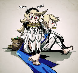 Rule 34 | 1boy, 1girl, barefoot, blonde hair, corn, corn cob, corrin (female) (fire emblem), corrin (fire emblem), corrin (male) (fire emblem), dual persona, eating, feet, fire emblem, fire emblem fates, grey background, hairband, long hair, name connection, nintendo, pointy ears, red eyes, setz, short hair, simple background, smile, you&#039;re doing it wrong