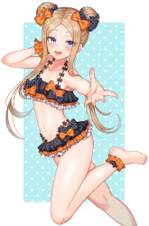 Rule 34 | 1girl, abigail williams (emerald float) (fate), abigail williams (fate), bare shoulders, bikini, black bikini, black bow, blonde hair, blue eyes, blush, bow, breasts, collarbone, double bun, emerald float, fate/grand order, fate (series), forehead, frilled bikini, frills, hair bow, hair bun, highres, komainu (yamaha1997), legs, long hair, looking at viewer, miniskirt, multiple hair bows, navel, official alternate costume, open mouth, orange bow, outstretched arm, parted bangs, polka dot, polka dot bow, sidelocks, skirt, small breasts, smile, solo, swimsuit, thighs