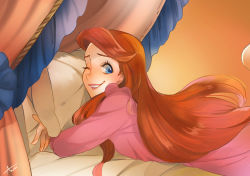 Rule 34 | 1girl, ;), ano (sbee), ariel (disney), artist name, bed, blue eyes, curtains, disney, happy, heel up, heels, long hair, looking at viewer, lying, nightgown, one eye closed, pillow, red hair, smile, solo, the little mermaid