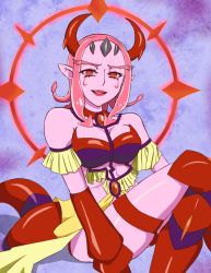 Rule 34 | 1girl, benigio, breasts, colored skin, demon girl, female focus, horns, large breasts, mahou girls precure!, parted lips, pink hair, pink skin, pointy ears, precure, red eyes, short hair, sitting, solo, tail