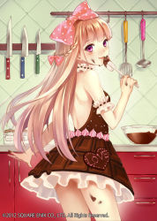 Rule 34 | 10s, 1girl, 2012, ass, bad id, bad pixiv id, bare shoulders, blonde hair, blush, bowl, braid, candy, character request, chocolate, chocolate bar, cooking, eating, food, food on body, food on face, food-themed clothes, from behind, fukahire (ruinon), hair ribbon, half updo, heart, icing, kaku-san-sei million arthur, kitchen, knife, ladle, licking, long hair, looking back, million arthur (series), mixing bowl, open mouth, purple eyes, ribbon, skirt, smile, solo, spatula, tasting, tongue, valentine