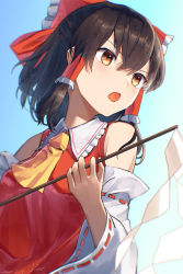 Rule 34 | 1girl, :o, arm up, ascot, blue background, bow, brown eyes, brown hair, commentary, dated, detached sleeves, gohei, gradient background, hair bow, hair tubes, hakurei reimu, head tilt, highres, holding, kisamu (ksmz), looking to the side, ponytail, red vest, ribbon-trimmed sleeves, ribbon trim, short hair, sidelocks, signature, solo, standing, touhou, upper body, vest, yellow ascot