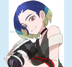 Rule 34 | 1girl, blue hair, brown eyes, camera, commentary request, creatures (company), eyelashes, game freak, green hair, grey vest, grin, holding, holding camera, kizami (hetaisi), looking down, multicolored hair, nintendo, off-shoulder shirt, off shoulder, perrin (pokemon), pokemon, pokemon sv, shirt, short hair, smile, solo, teeth, upper body, vest, white background, white shirt