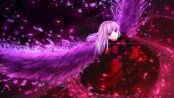 Rule 34 | 10s, 1girl, bow, dress, gothic lolita, highres, k-project, kushina anna, lolita fashion, long hair, looking at viewer, parted lips, pekakiu, petals, red bow, red dress, red eyes, silver hair, solo, standing, wings