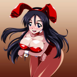 Rule 34 | 1girl, animal ears, ariyon, bare shoulders, black hair, blue eyes, blush, bow, bowtie, breast hold, breasts, cleavage, fake animal ears, highres, jessica (zero no tsukaima), large breasts, leotard, long hair, looking at viewer, open mouth, pantyhose, playboy bunny, rabbit ears, simple background, smile, standing, wrist cuffs, zero no tsukaima