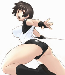 Rule 34 | 1girl, ass, black hair, bow, breasts, character request, hair bow, holding, holding sword, holding weapon, jinroku, large breasts, looking at viewer, looking back, sekigan juu mitsuyoshi, short hair, simple background, solo, sword, ueyama tetsuro, weapon, white background