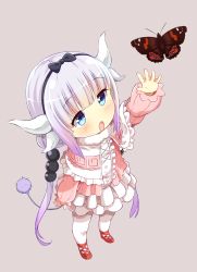 Rule 34 | 10s, 1girl, ankle lace-up, arm up, beads, black bow, black hairband, blouse, blue eyes, blunt bangs, blush, bow, buttons, capelet, center frills, commentary, cross-laced clothes, cross-laced footwear, dragon girl, dragon horns, dress, frilled capelet, frills, full body, gothic lolita, gradient hair, grey background, hair beads, hair bow, hair ornament, hairband, highres, horns, kanna kamui, kobayashi-san chi no maidragon, legs apart, light purple hair, lolita fashion, long hair, long sleeves, low twintails, microdress, multicolored hair, open mouth, pink footwear, purple hair, reaching, samnedar, shirt, shoes, simple background, solo, standing, tail, thighhighs, twintails, white hair, white thighhighs