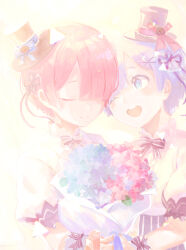 Rule 34 | 2girls, blue eyes, blue flower, blue hair, blush, bouquet, closed eyes, closed mouth, commentary request, flower, flower knot, frills, hair ornament, hair over one eye, hair ribbon, harusabin, hat, heads together, highres, holding, holding bouquet, mini hat, mini top hat, multiple girls, one eye closed, open mouth, pink flower, purple ribbon, ram (re:zero), re:zero kara hajimeru isekai seikatsu, rem (re:zero), ribbon, short hair, siblings, simple background, sisters, smile, teeth, top hat, twins, upper teeth only, x hair ornament