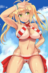 Rule 34 | 1girl, :d, ahoge, arm up, armpits, arms up, bad hands, bead bracelet, beads, bikini, bikini tan, blonde hair, blue sky, bracelet, breasts, cloud, cloudy sky, collarbone, comord, cowboy shot, day, fate/grand order, fate (series), green eyes, hair between eyes, hair intakes, halterneck, hand on own hip, highres, jewelry, large breasts, legs apart, long hair, looking at viewer, navel, nero claudius (fate), nero claudius (fate) (all), nero claudius (swimsuit caster) (fate), open mouth, outdoors, red bikini, side-tie bikini bottom, sidelocks, sky, smile, solo, striped bikini, striped clothes, swimsuit, tan, tanline, thighs, tsurime, twintails, water drop