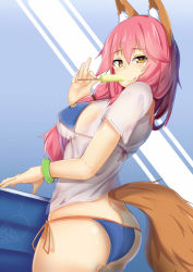 Rule 34 | 10s, 1girl, animal ears, ass, bikini, blue bikini, breasts, butt crack, fate/extra, fate/grand order, fate (series), food, fox ears, fox tail, hair ribbon, highres, ice, large breasts, long hair, looking at viewer, myumi, pink hair, ribbon, see-through, shirt, solo, swimsuit, tail, tamamo (fate), tamamo no mae (fate/extra), tamamo no mae (swimsuit lancer) (fate), tamamo no mae (swimsuit lancer) (second ascension) (fate), tongue, wet, wet clothes, wet shirt, yellow eyes