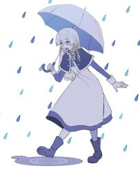 1girl blue_theme blunt_bangs boots bow braid capelet commentary_request dress full_body holding holding_umbrella long_hair long_sleeves looking_down monochrome namosuke_(oetwmkekmz) open_mouth puddle rain rubber_boots smile solo striped_bow tales_weaver tichiel_juspian twin_braids umbrella walking white_background