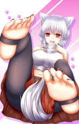 Rule 34 | 1girl, absurdres, animal ears, black leggings, breasts, detached sleeves, feet, finger to mouth, gradient background, hand on own chest, heart, heart-shaped pupils, highres, inubashiri momiji, large breasts, leggings, looking at viewer, midriff, nail polish, navel, no headwear, no shoes, oohirakeisuke, open mouth, pantyhose, red eyes, short hair, silver hair, soles, solo, striped, striped background, symbol-shaped pupils, tail, thighband pantyhose, toeless legwear, toenail polish, toenails, toes, touhou, wolf ears, wolf tail